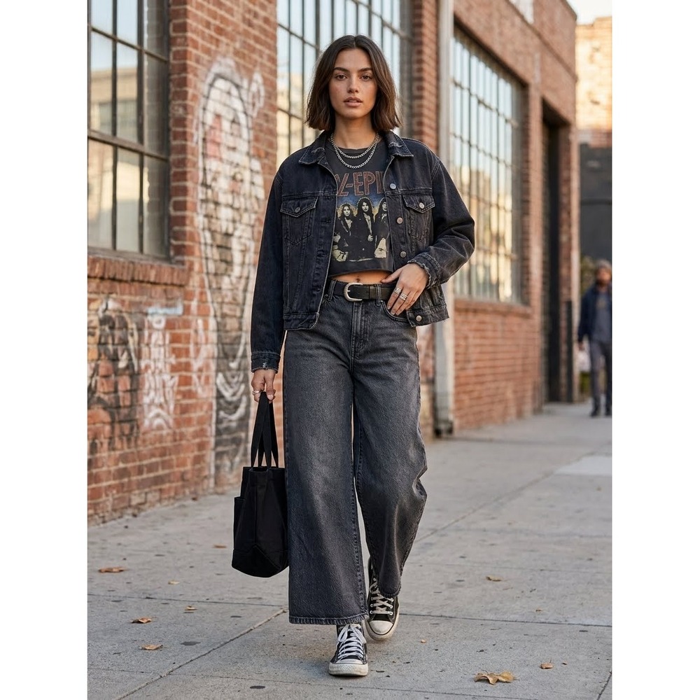 BDG Urban Outfitters Wide Leg Jeans Black Acid Wash Cropped Size 26 Stretch